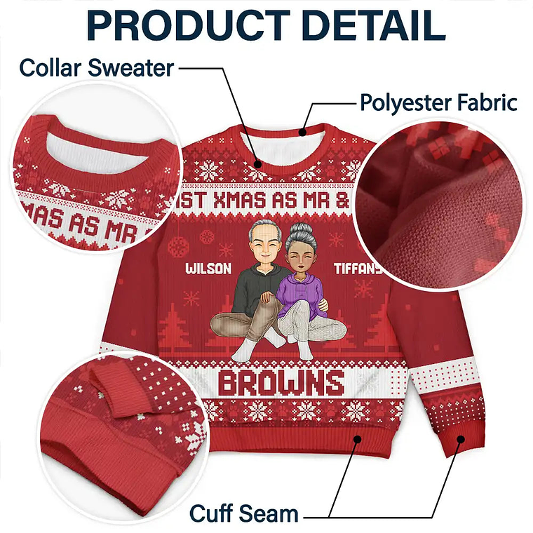 1st Xmas As Mr & Mrs Cartoon Couple - Personalized Unisex Ugly Sweater 6