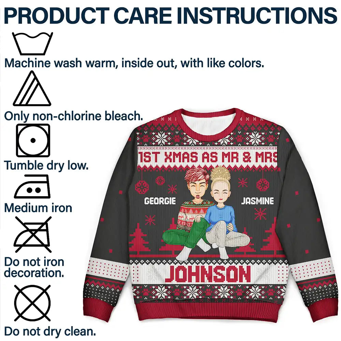 1st Xmas As Mr & Mrs Cartoon Couple - Personalized Unisex Ugly Sweater 7