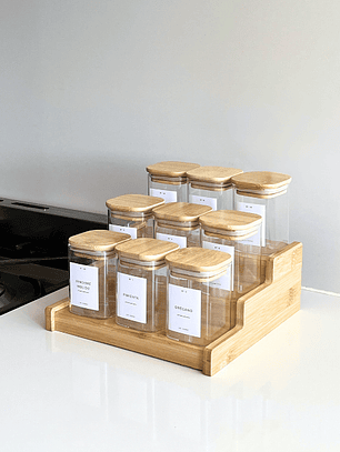Set 9 Especieros Cocina + Rack Extensible + 34 Etiquetas