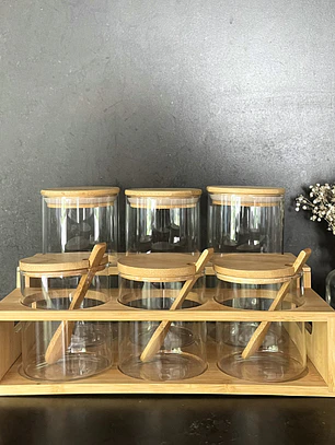 Set 6 Frascos Vidrio + Soporte