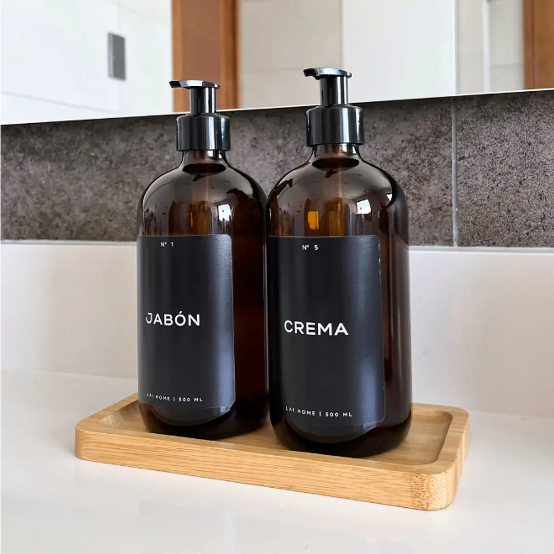 Pack 2 Dispensadores Ambar Vidrio + Bandeja Bambú  2
