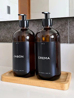 Pack 2 Dispensadores Ambar Vidrio + Bandeja Bambú 