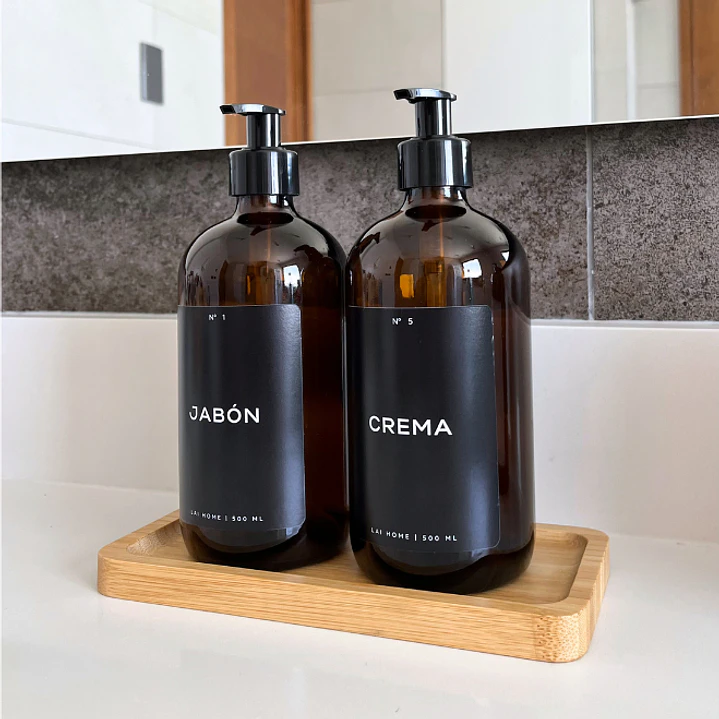 Pack 2 Dispensadores Ambar Vidrio + Bandeja Bambú  2