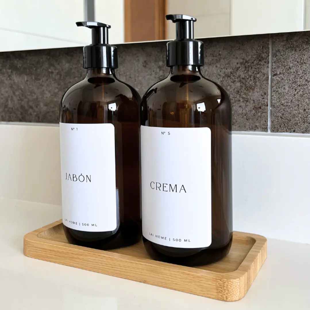 Pack 2 Dispensadores Ambar Vidrio + Bandeja Bambú  3