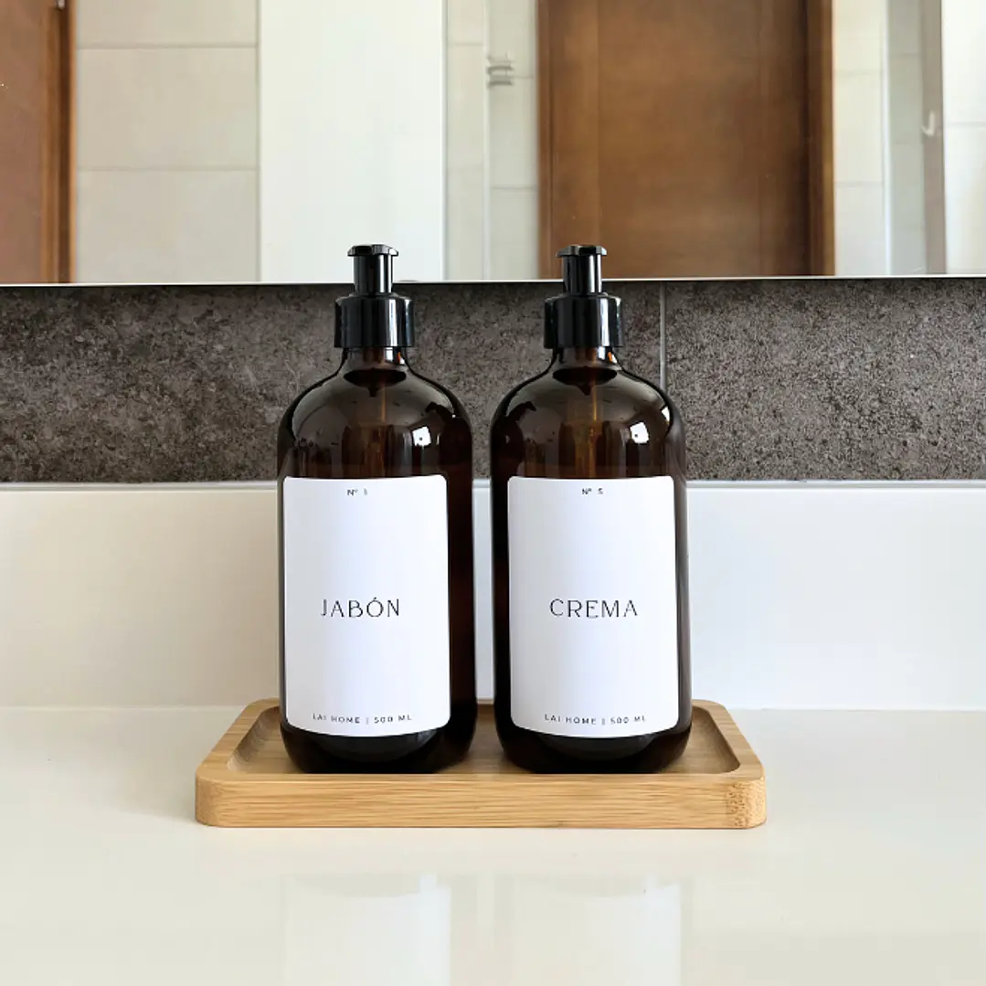 Pack 2 Dispensadores Ambar Vidrio + Bandeja Bambú  1