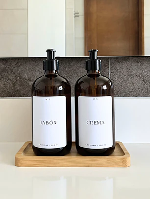 Pack 2 Dispensadores Ambar Vidrio + Bandeja Bambú 