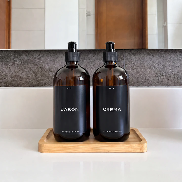 Pack 2 Dispensadores Ambar Vidrio 500 ML + Bandeja Bambú  1