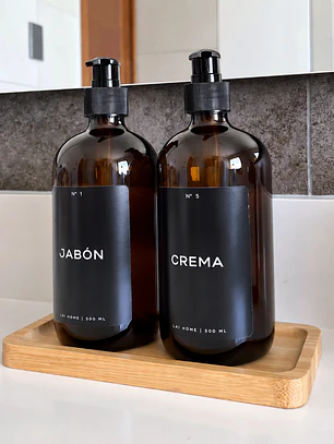 Pack 2 Dispensadores Ambar Vidrio 500 ML + Bandeja Bambú 