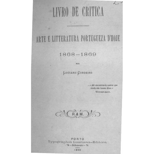 Livro de Critica - Arte e Literatura Portuguesa D'hoje - 1868-1869