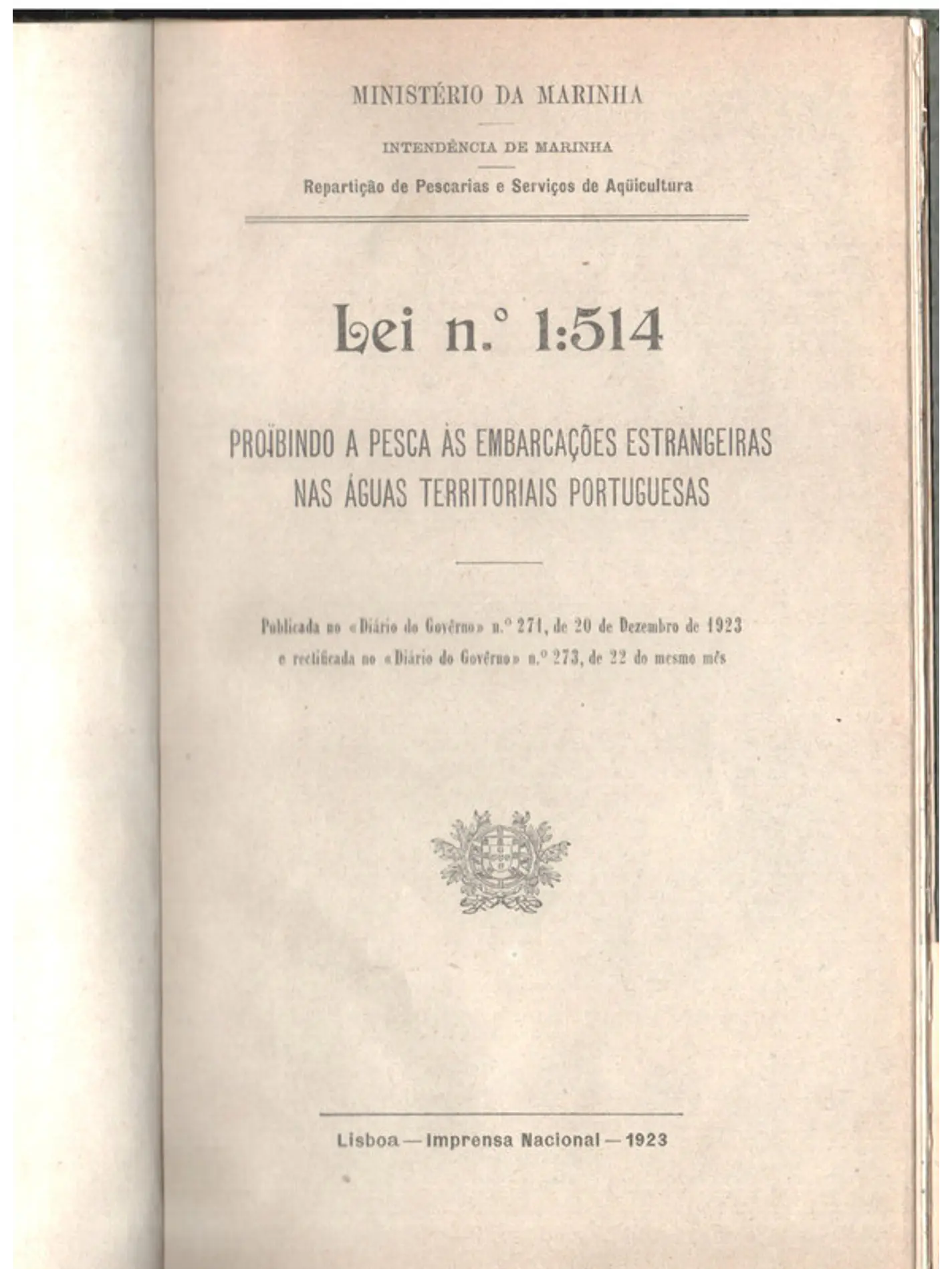 Lei número 1514 proibindo a pesca às embarcações estrangeiras nas águas territoriais portuguesas 1