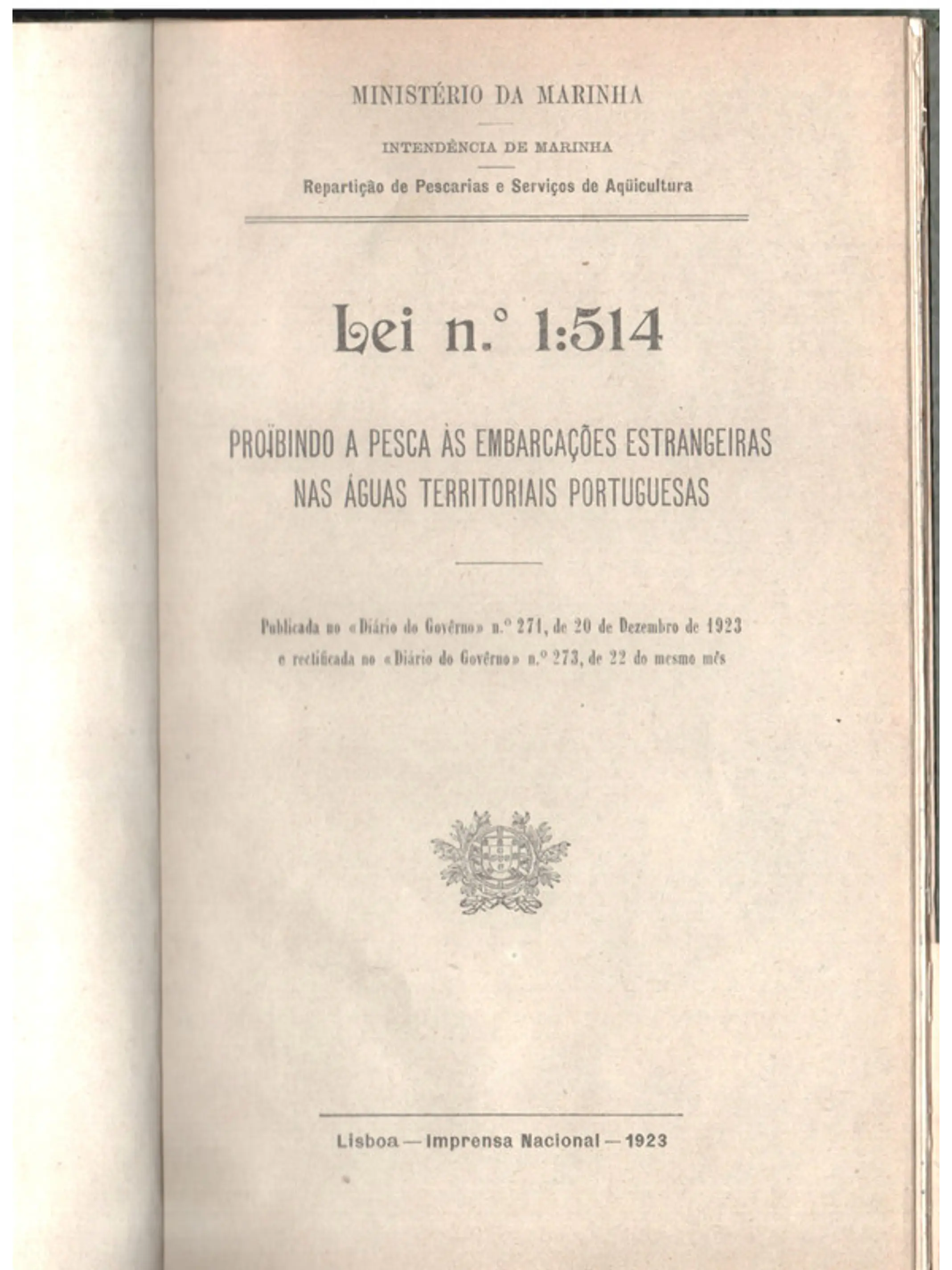 Lei número 1514 proibindo a pesca às embarcações estrangeiras nas águas territoriais portuguesas 1