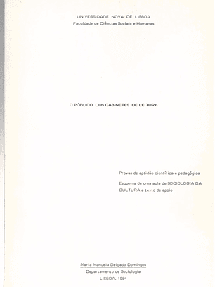 O Público dos gabinetes de leitura - Provas de aptidão científica e pedagógica - Esquema de uma aula de sociologia da cultura e texto de apoio