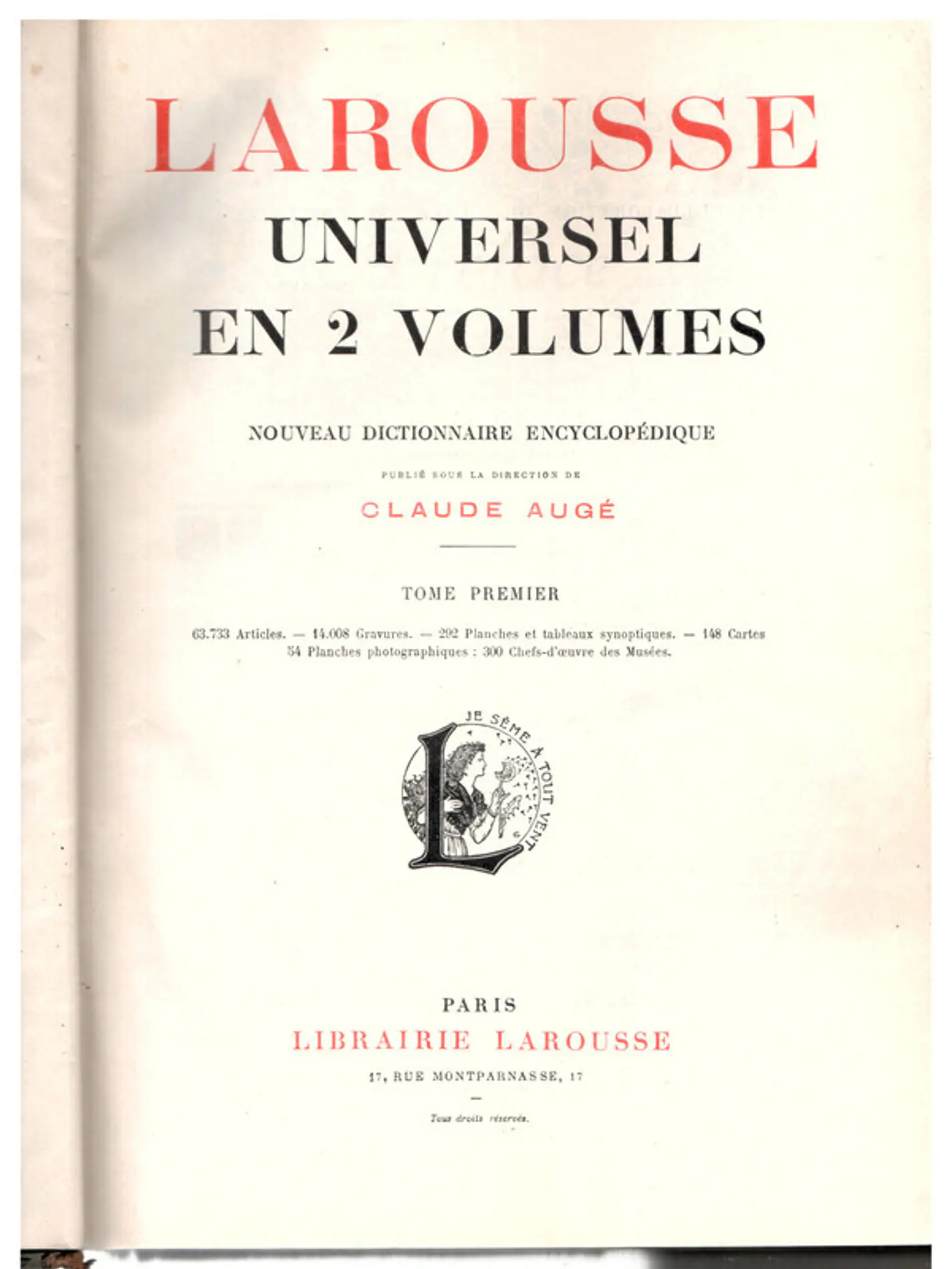 Larousse universel en 2 volumes tome premier 1