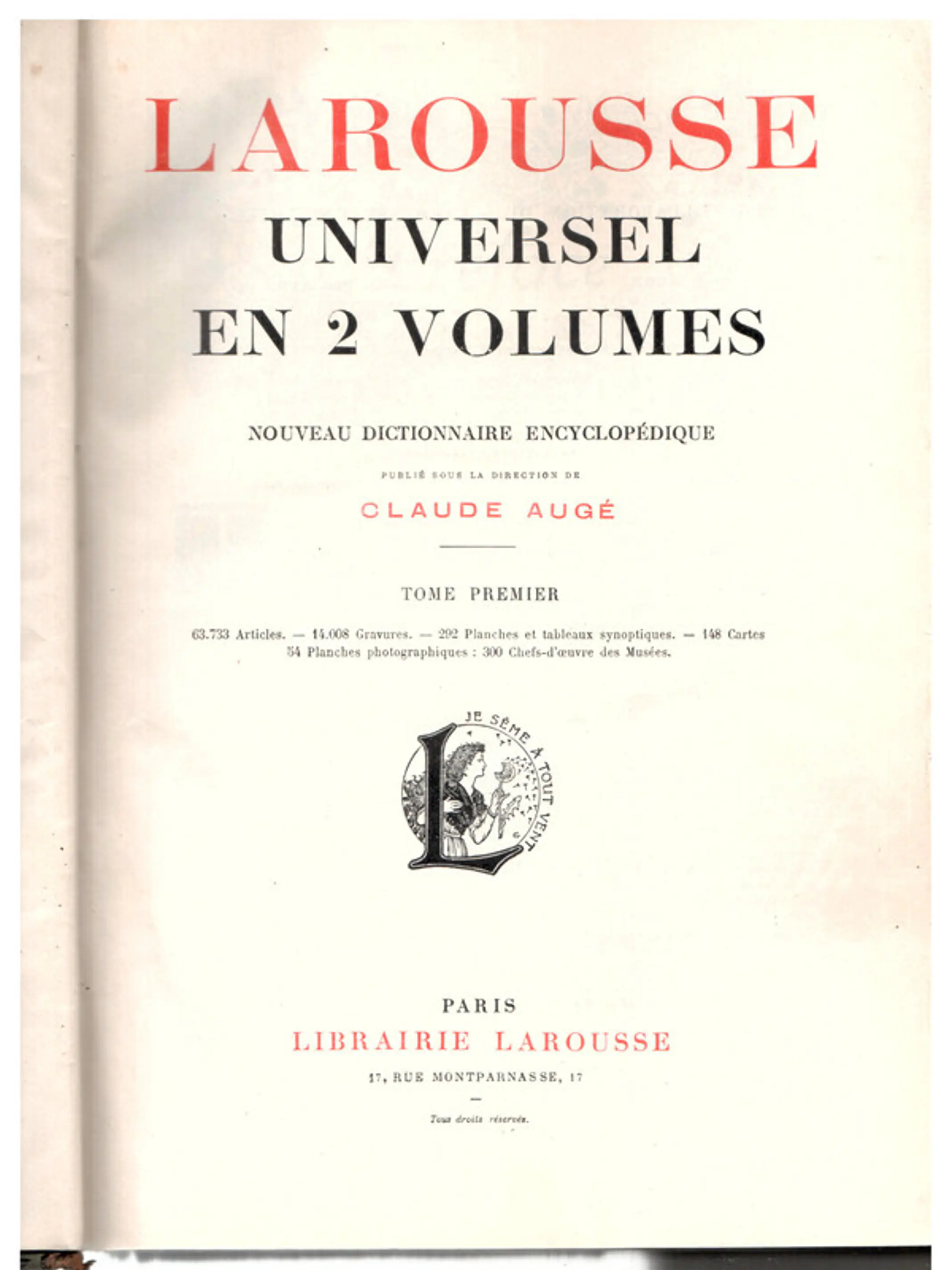 Larousse universel en 2 volumes tome premier 1