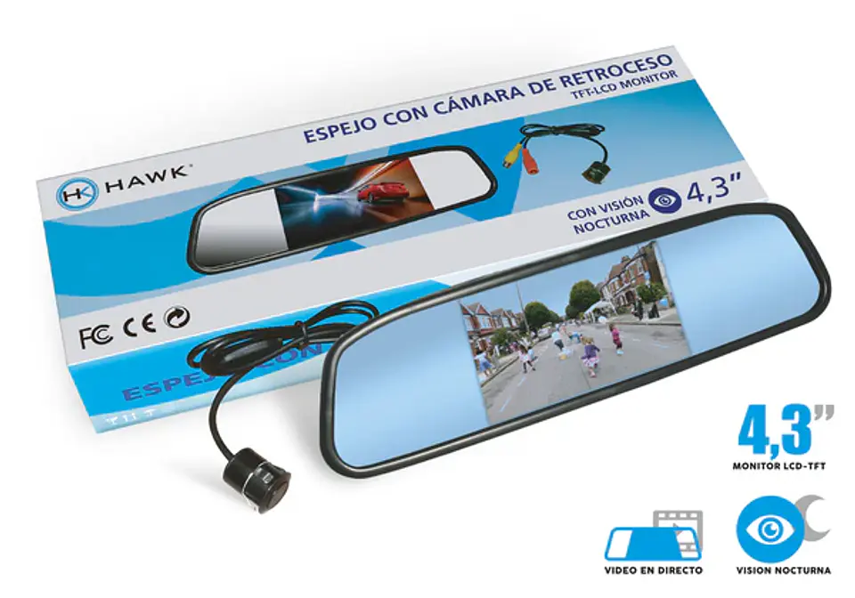 Espejo con cámara de retroceso Hawk VU-432 con visión nocturna de 4.3