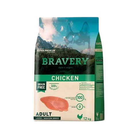BRAVERY PERRO ADULTO CHICKEN 12 KG LIBRE DE GRANO (RZ MEDIANA Y GRANDE)