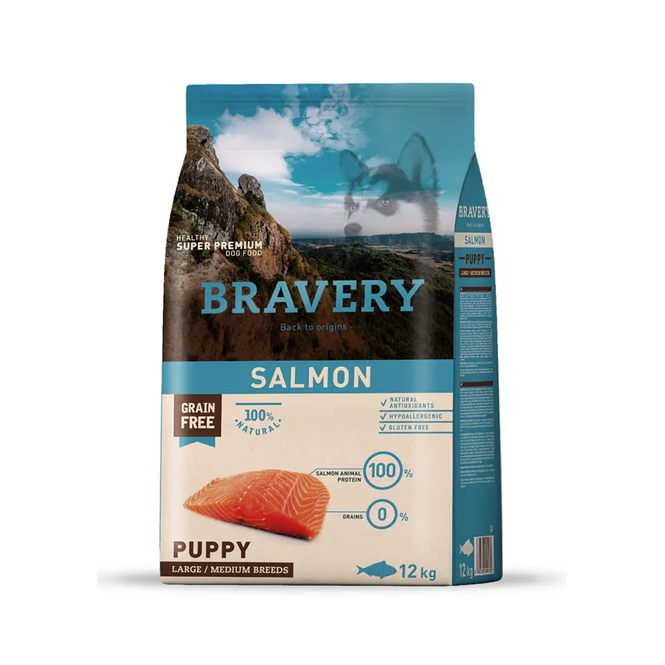 BRAVERY PERRO PUPPY/CACHORRO SALMON 12 KG LIBRE DE GRANO (RZ MEDIANA Y GRANDE) *FECHA CORTA* 1