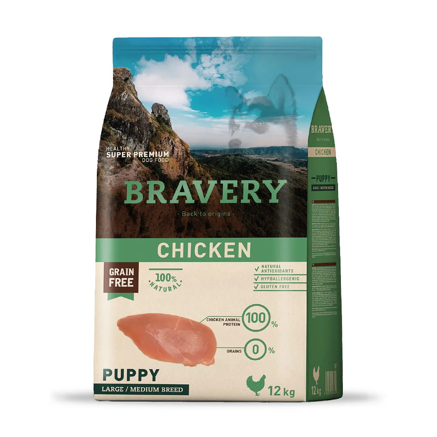 BRAVERY PERRO PUPPY/CACHORRO CHICKEN 12 KG LIBRE DE GRANO (RZ MEDIANA Y GRANDE) 1