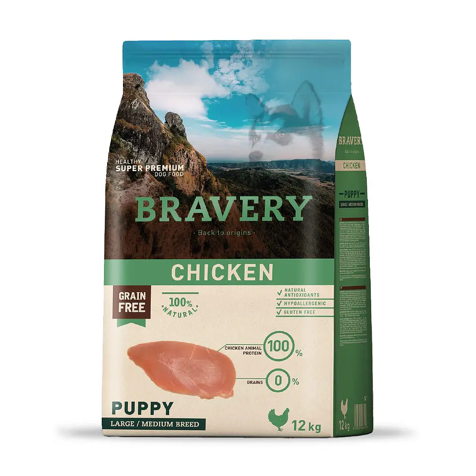 BRAVERY PERRO PUPPY/CACHORRO CHICKEN 12 KG LIBRE DE GRANO (RZ MEDIANA Y GRANDE) 1