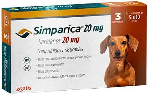 SIMPARICA 20MG SAROLANER PERROS DE ENTRE 5 A 10KG 3 COMP