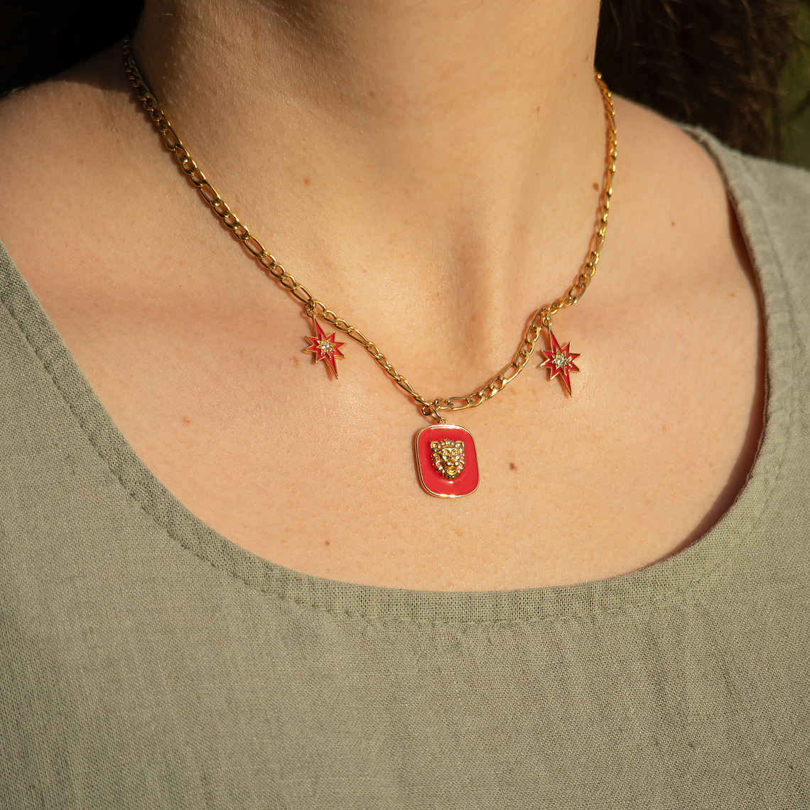 Collar | Cadena Acero con Leon Rojo 1