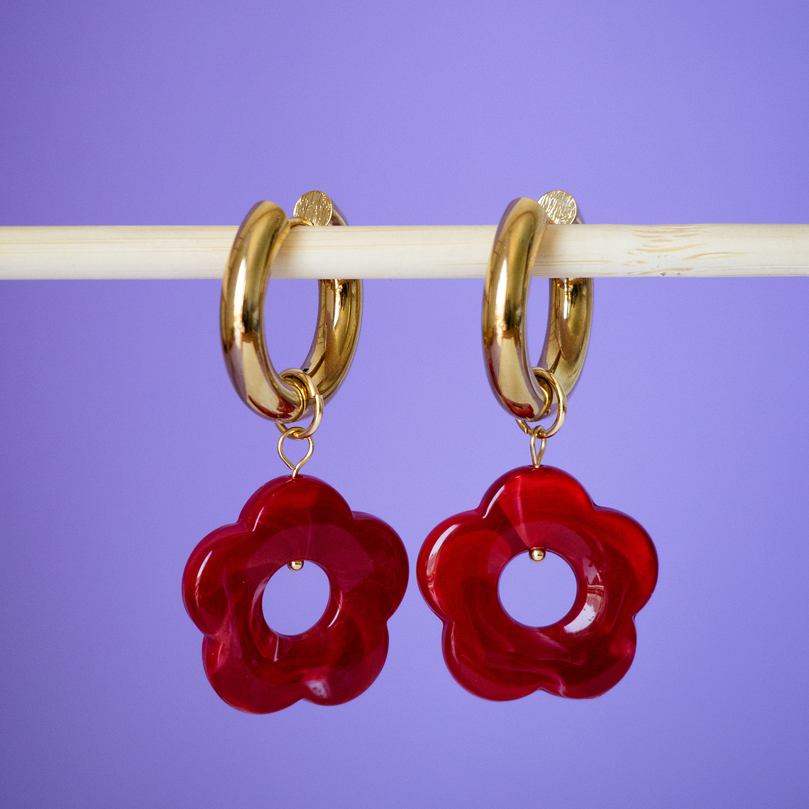 Charms Flores Colgantes Rojas Marmoladas Base Gold 1