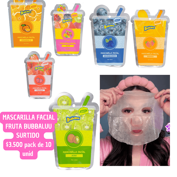 MASCARILLA FACIAL FRUTAS BUBBALUU SURTIDO (10 UNID ) 1