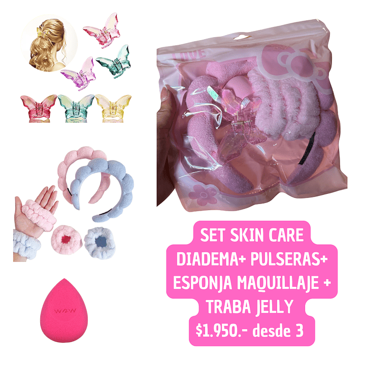 SET SKIN CARE ESPONJA+DIADEMA+OULSERA+TRABA MARIPOSA (3UNID) 1