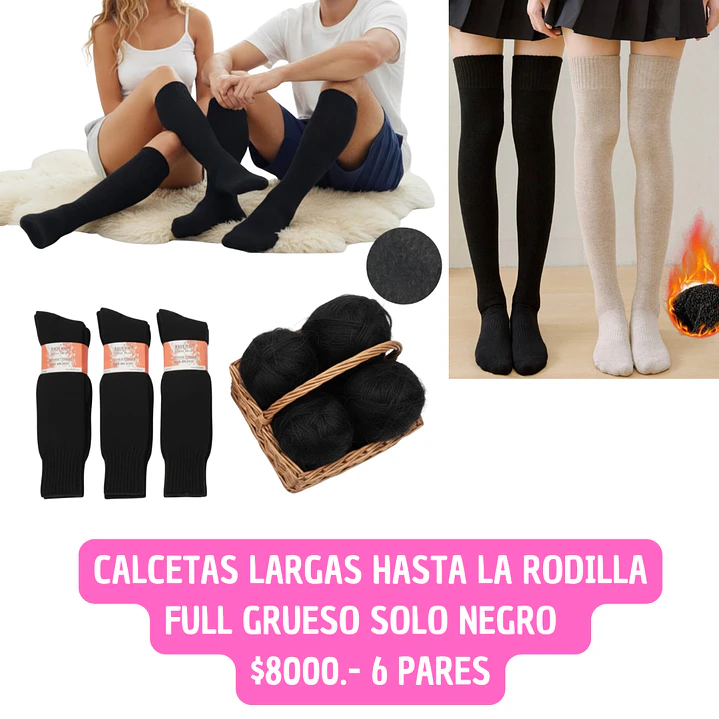 CALCETA DE LANA LARGAS HASTA LA RODILLA (6PARES ) NEGRO  1