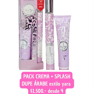 PACK CREMA + SPLASH DUPE ARABE ESTILO YARA (4UNID)