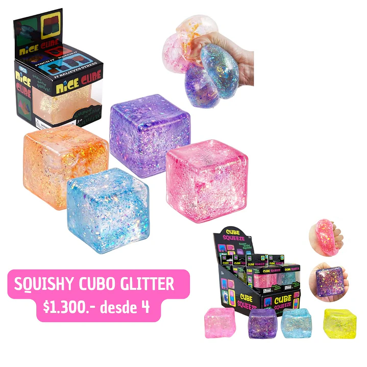 SQUISHY CUBO GLITTER (4 UNID) 1