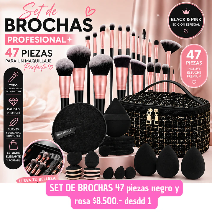 SET DE BROCHAS 47 PIEZAS NEGRO Y ROSA  (1 UNID) 1