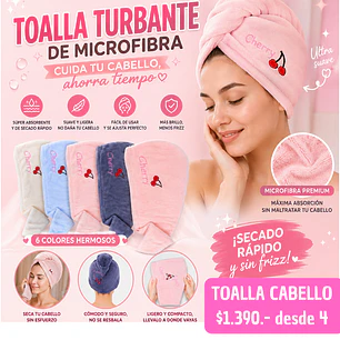 TOALLA DE CABELLO MICROFIBRA CEREZA (4UNID)