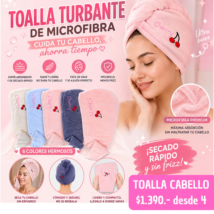 TOALLA DE CABELLO MICROFIBRA CEREZA (4UNID) 1