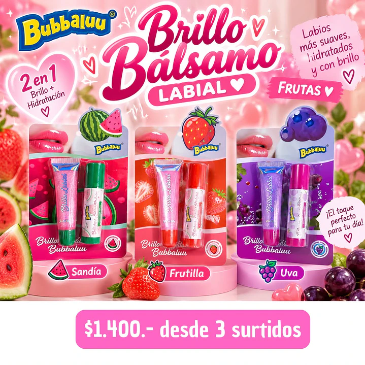 PACK BRILLO+BALSAMO LABIAL FRUTAS BUBBALUU (3 PACK )  1