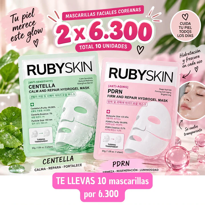 MASCARILLAS FACIALES COREANAS CENTELLA Y PDRN (10UNID) 1