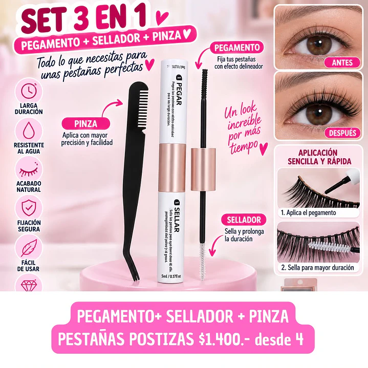 PEGAMENTO+SELLADOR Y PINZA  DE PESTAÑAS  (4UNID) 1