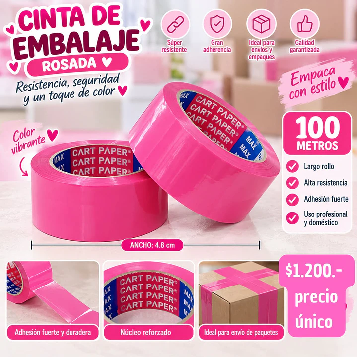 CINTA DE EMBALAJE ROSADO 100 METROS (PRECIO UNICO) 1