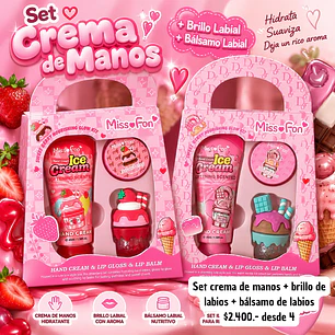 SET CREMA DE MANOS + BRILLO DE LABIOS+BALSAMO (4UNID)