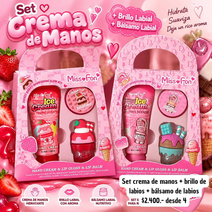 SET CREMA DE MANOS + BRILLO DE LABIOS+BALSAMO (4UNID) 1
