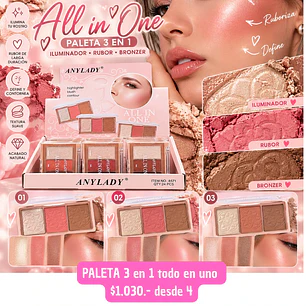 PALETA 3 EN 1 ILUMINADOR, BRONCER Y RUBOR (4UNID)