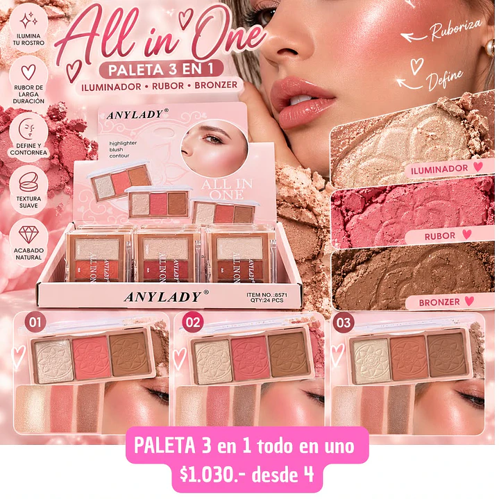 PALETA 3 EN 1 ILUMINADOR, BRONCER Y RUBOR (4UNID) 1