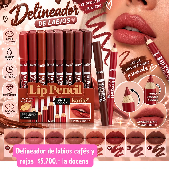 DELINEADOR DE LABIOS CAFE Y ROJO (DOCENA) 1