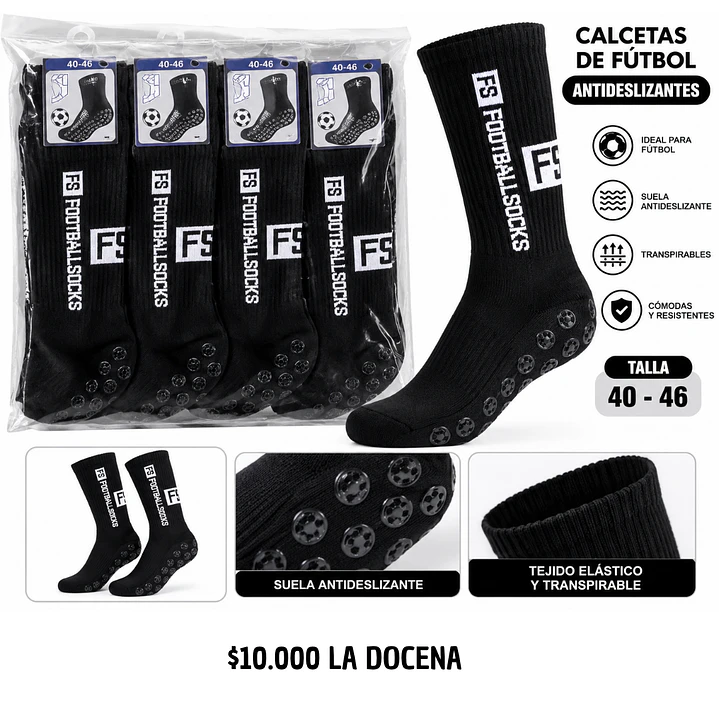 CALCETA DE FUTBOL ANTIDESLIZANTE NEGRA  (DOCENA) 1