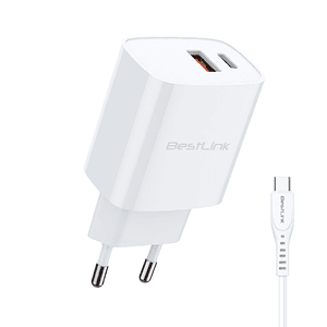 Cargador de pared dual PD+QC 20W, con cable USB C, color blanco / BL-CHQC200