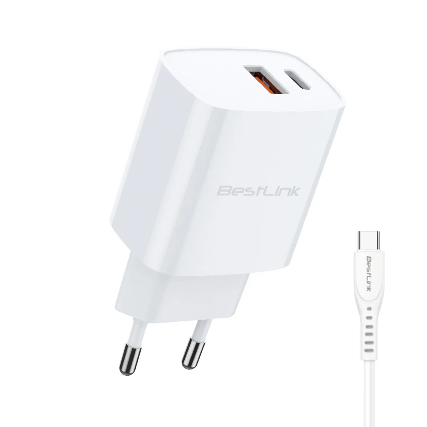Cargador de pared dual PD+QC 20W, con cable USB C, color blanco / BL-CHQC200 1