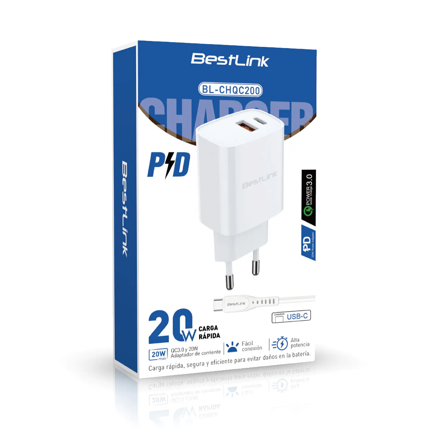 Cargador de pared dual PD+QC 20W, con cable USB C, color blanco / BL-CHQC200 3