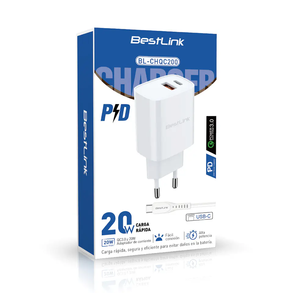 Cargador de pared dual PD+QC 20W, con cable USB C, color blanco / BL-CHQC200 3