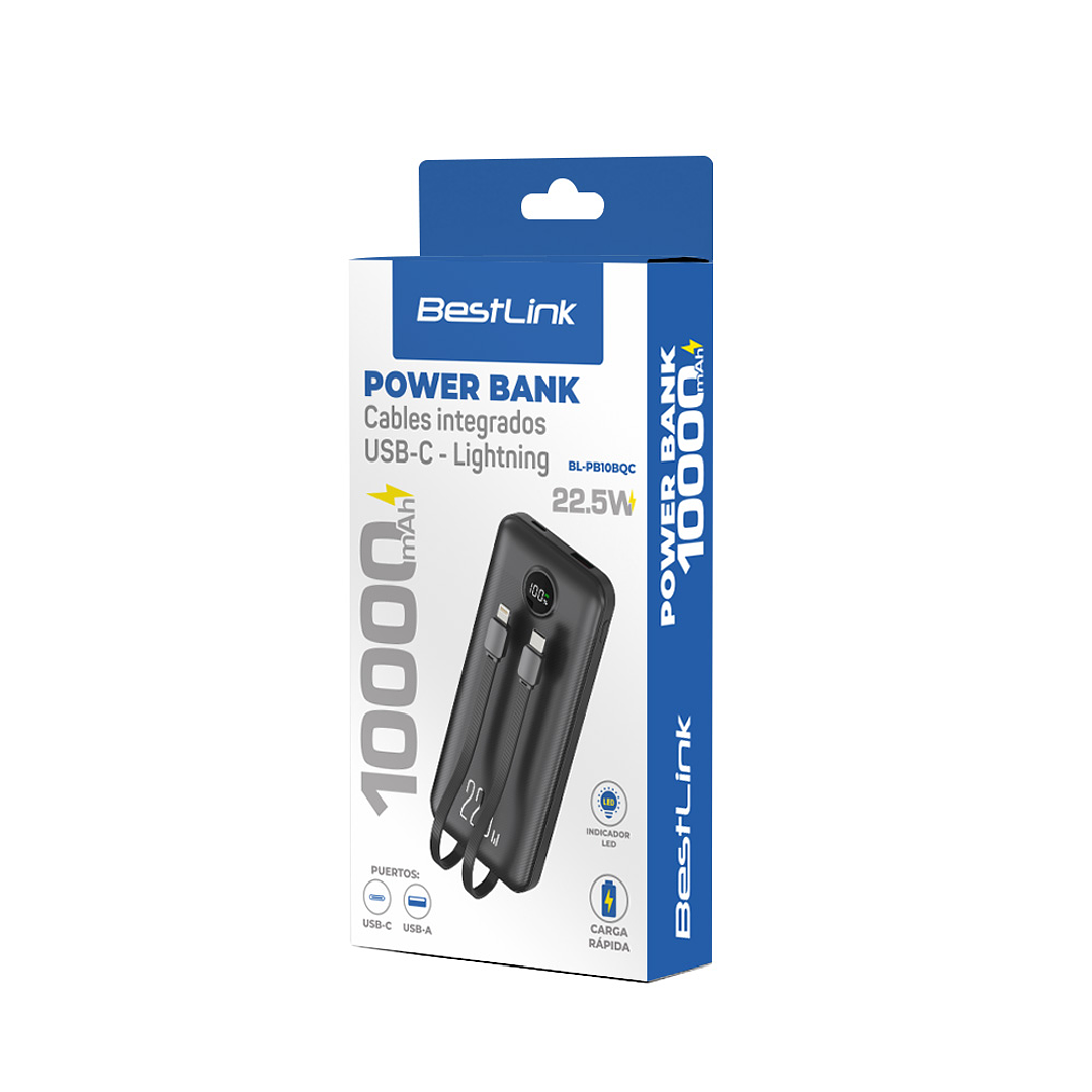 POWER BANK 10.000mah carga rápida 22,5W, display y 2 cables integrados 5