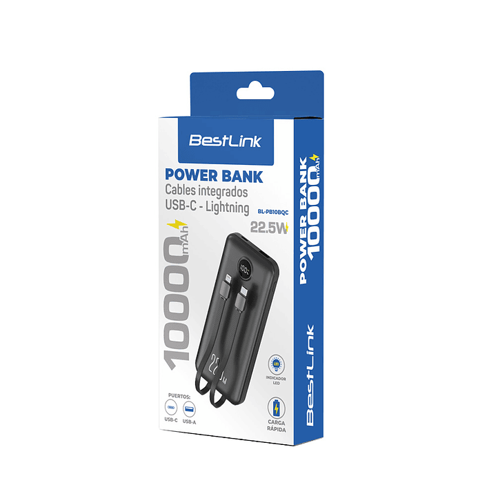 POWER BANK 10.000mah carga rápida 22,5W, display y 2 cables integrados 5